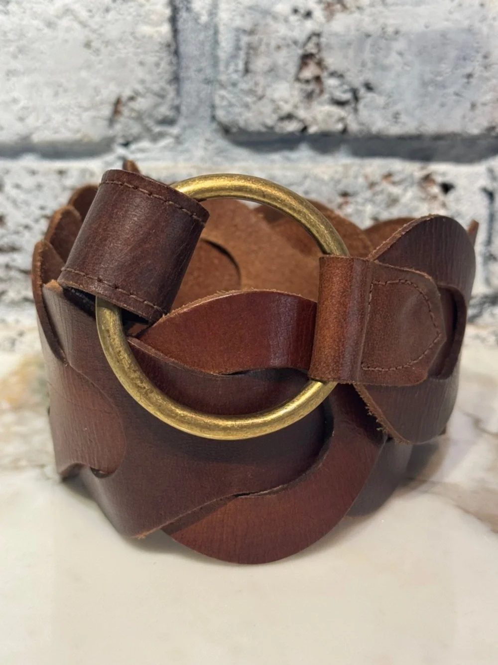 Thick Brown Leather Belt with Gold Ring Accent - Picture 5 of 5